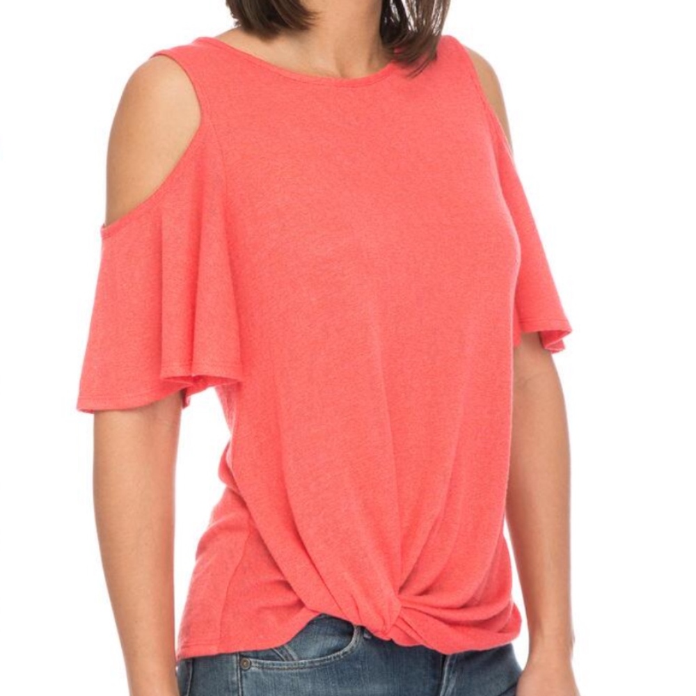 Coral Side Knot Cold Shoulder T Shirt